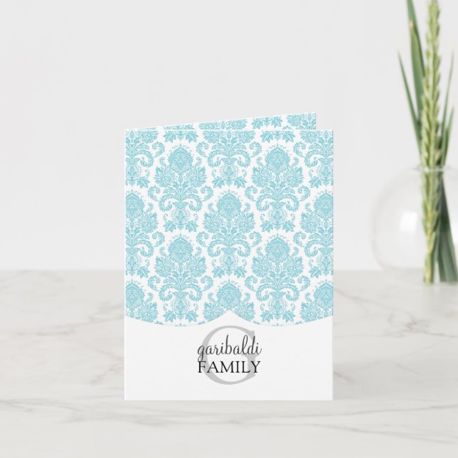 Modern Damask Aqua Family Personalized Note Card (Front)