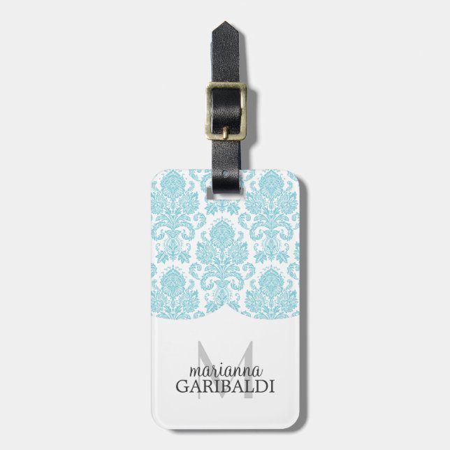 Modern Damask Aqua Personalized Luggage Tag (Front Vertical)