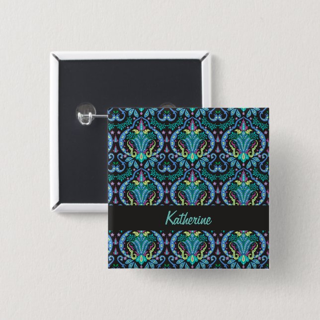 Modern Damask Art Deco Black Turquoise Blue Name Button (Front & Back)