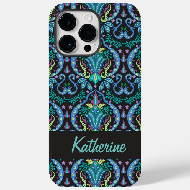 Modern Damask Art Deco Black Turquoise Blue Name Case-Mate iPhone Case (Back)