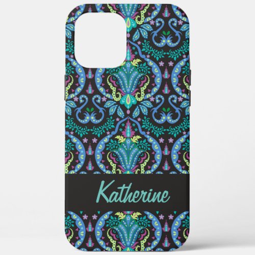 Modern Damask Art Deco Black Turquoise Blue Name iPhone 12 Pro Max Case