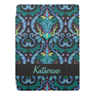 Modern Damask Art Deco Black Turquoise Blue Name iPad Pro Cover