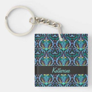 Modern Damask Art Deco Black Turquoise Blue Name Keychain