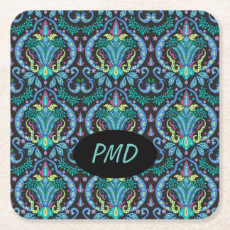 Modern Damask Art Deco Black Turquoise Blue Name Square Paper Coaster
