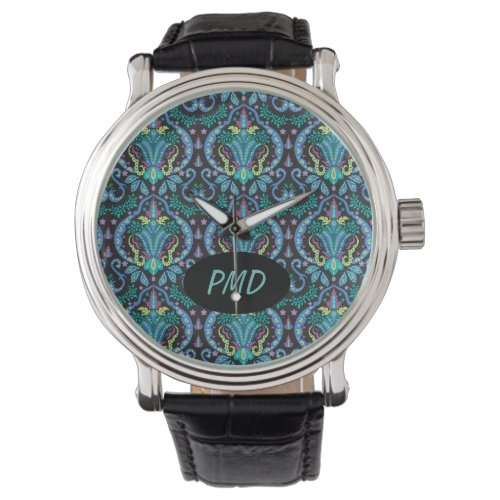 Modern Damask Art Deco Black Turquoise Blue Name Watch