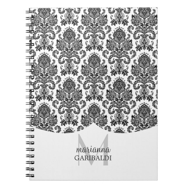 Modern Damask Black and White Personalized Notebook (Front)