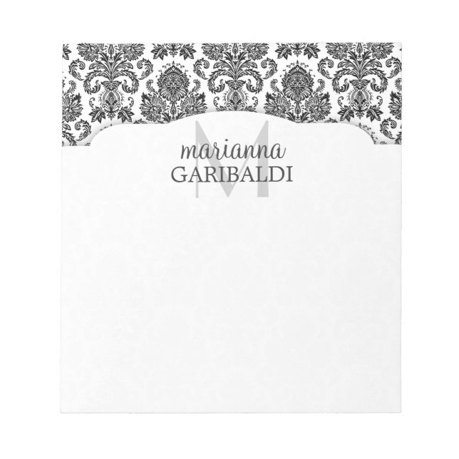Modern Damask Black and White Personalized Notepad (Front)