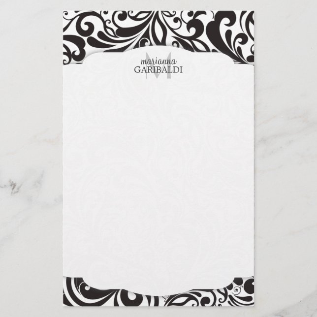 Modern Damask Black Personalized Stationery (Front)