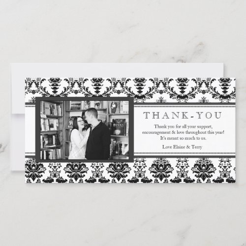 Modern Damask Black  White Thank You Photo Card