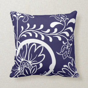 Modern Damask Floral Pattern   Navy Blue Throw Pillow