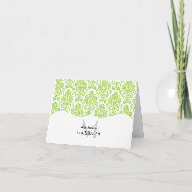 Modern Damask Green Personalized Note Card (Front)