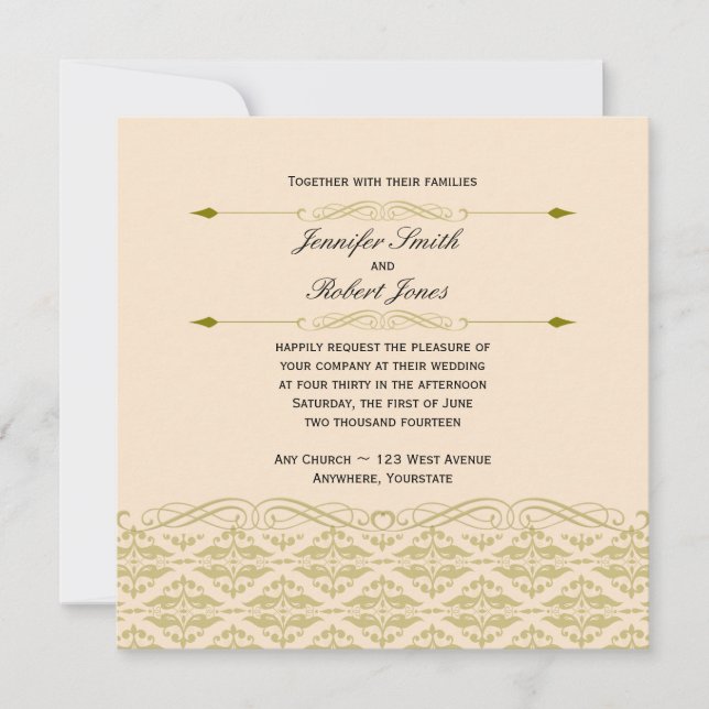 Modern Damask in Ivory and Gold Wedding Invitation (Front)