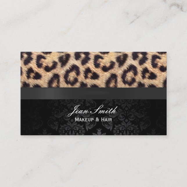 Modern Damask & Leopard Print Makeup Artist Business Card (Front)