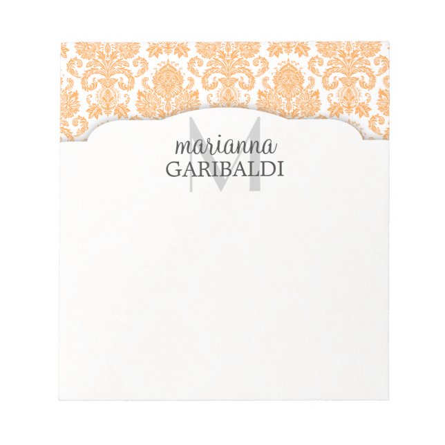 Modern Damask Orange Personalized Notepad (Front)
