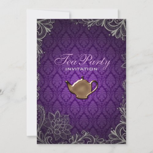 modern  damask purple bridal shower tea party invitation