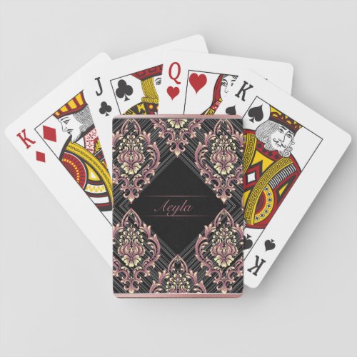 Modern Damask Rose Gold And Glitter Monogram Poker Cards