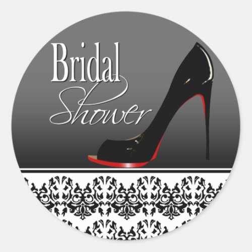 Modern Damask Stiletto Bridal Shower Classic Round Sticker