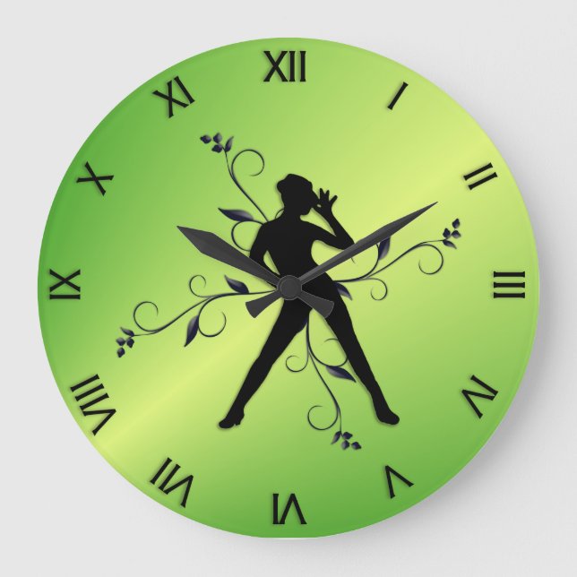 Modern Dance Green w Black Numerals Large Clock (Front)