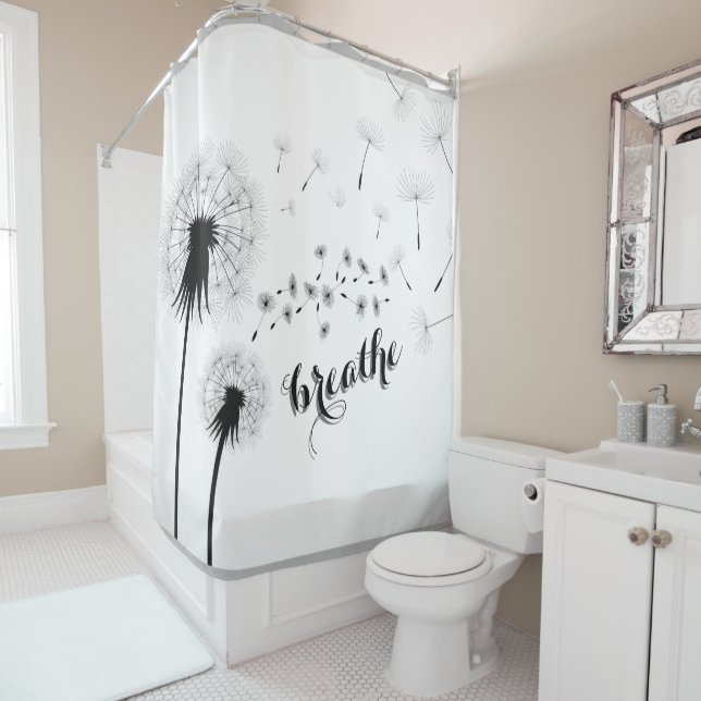 Modern Dandelion BREATHE Inspirational Quote Shower Curtain (In Situ)