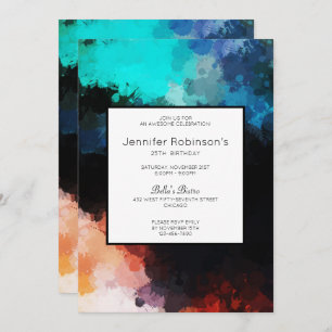 Modern Dark Abstract Paint Splatters Birthday Invitation