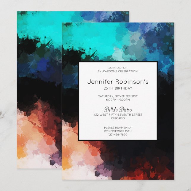 Modern Dark Abstract Paint Splatters Birthday Invitation (Front/Back)