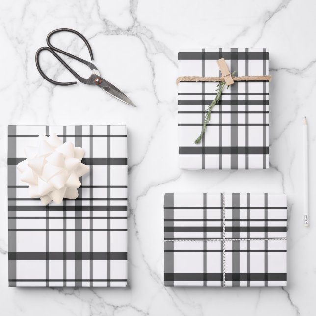 Modern Dark and Light Grey Thin Line Plaid Gift Wrapping Paper Sheets (Front)