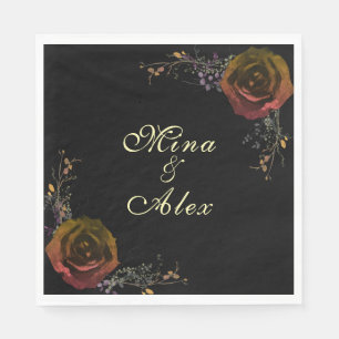 Modern Dark Autumn Rose Goth Wedding Napkins