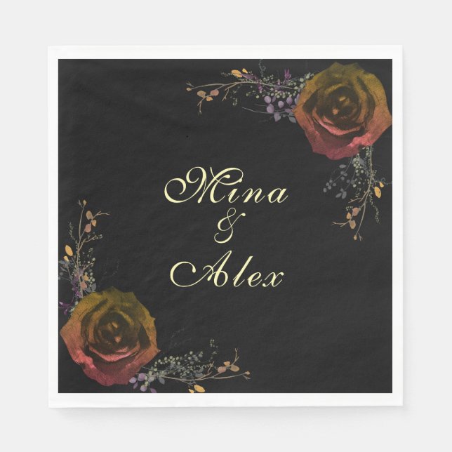 Modern Dark Autumn Rose Goth Wedding  Napkins (Front)