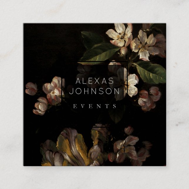 Modern Dark Black Floral Square Business Cards (Front)