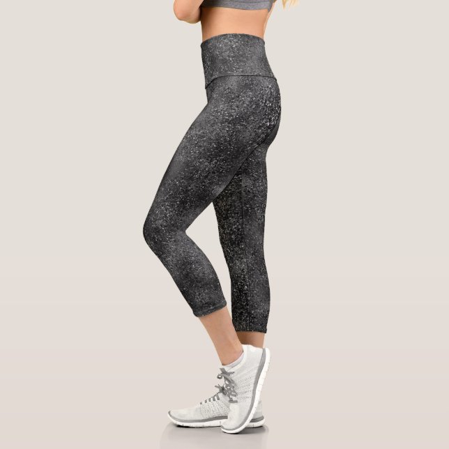Modern dark black glitter with white sparks capri leggings (Left)