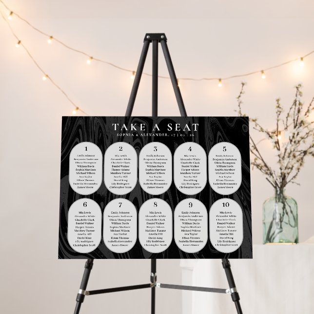 Modern dark black marble wedding Seating Chart  Foam Board (In Situ (Stand))