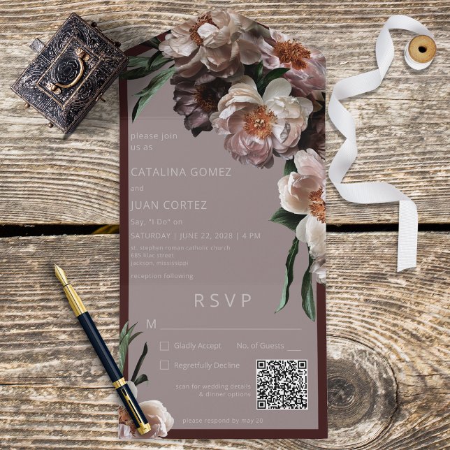 Modern Dark Blossoms Pink & Burgundy QR Code All In One Invitation (Creator Uploaded)