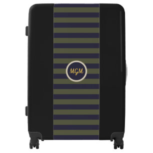 Modern Dark Blue and Moss Green Striped Monogram Luggage