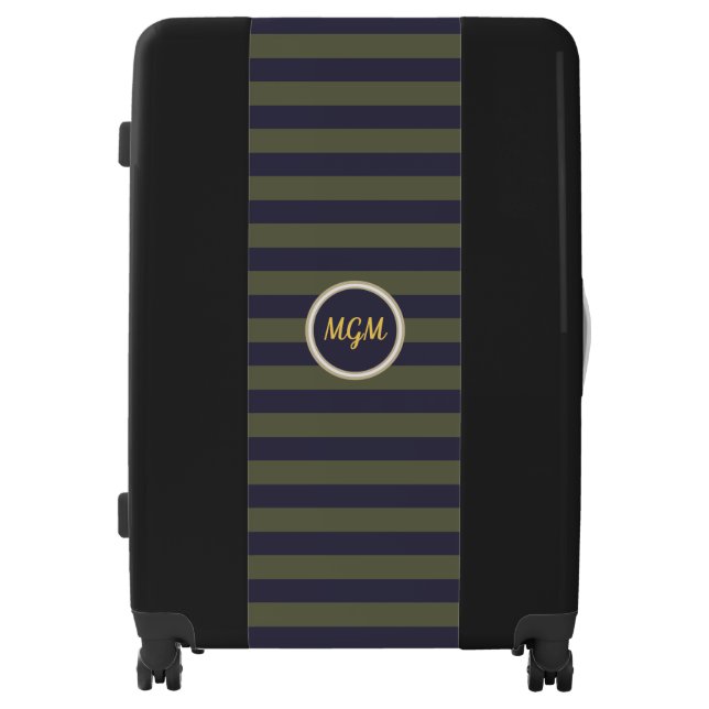 Modern Dark Blue and Moss Green Striped Monogram Luggage (Front)