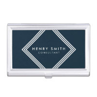 Modern Dark Blue and White Borders Geometric Business Card Holder