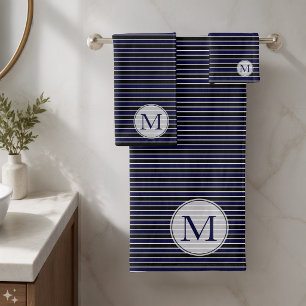 Modern Dark Blue Black Stripes Monogrammed Bath Towel Set
