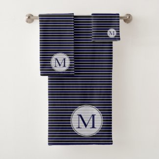 Modern Dark Blue Black Stripes Monogrammed