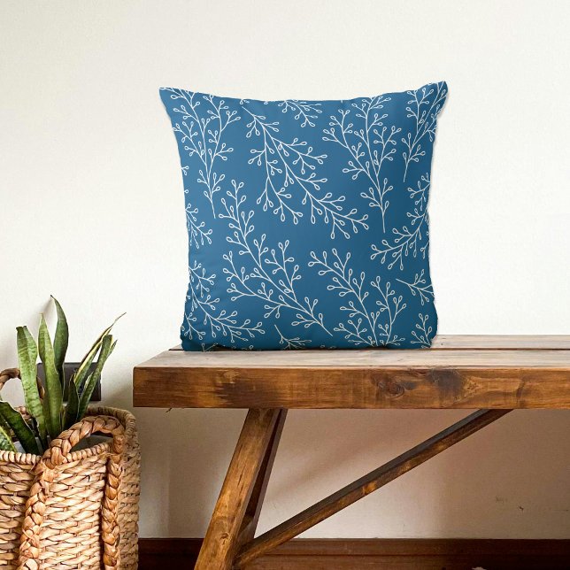 Modern Dark Blue Botanical Pattern Throw Pillow (Creator Uploaded)