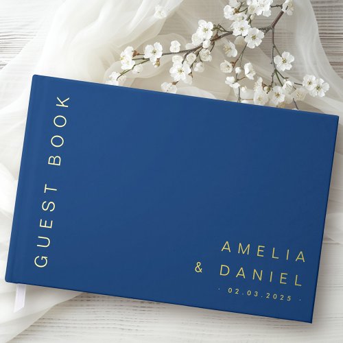 Modern dark blue brown wedding names date foil foil guest book 