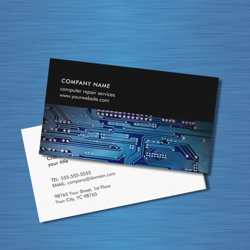 Modern Dark Blue Circuit Board Computer Consultant Business Card