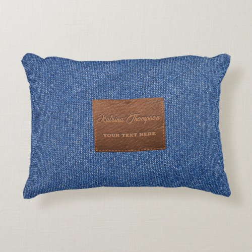 Modern Dark Blue Denim Jeans Texture Leather Patch Accent Pillow