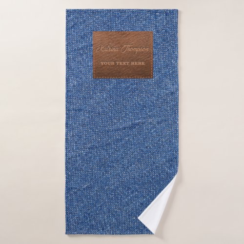 Modern Dark Blue Denim Jeans Texture Leather Patch Bath Towel