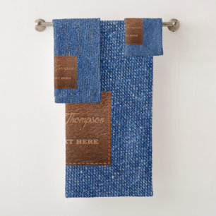 Modern Dark Blue Denim Jeans Texture Leather Patch Bath Towel Set