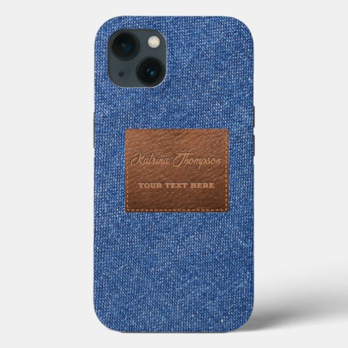 Modern Dark Blue Denim Jeans Texture Leather Patch iPhone 13 Case