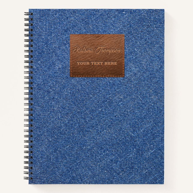 Modern Dark Blue Denim Jeans Texture Leather Patch Notebook (Front)