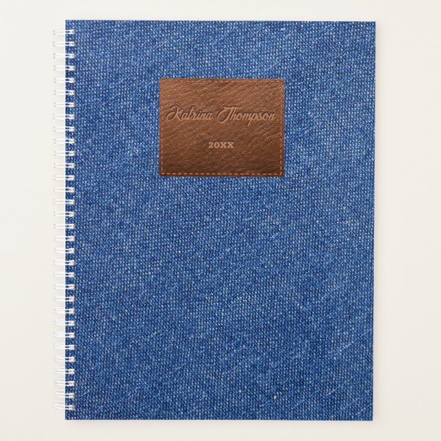 Modern Dark Blue Denim Jeans Texture Leather Patch Planner (Front)