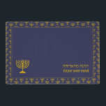 Modern Dark Blue | Enjoy Your Meal | MENORAH Placemat<br><div class="desc">Modern dark blue reversible MENORAH Table Placemats, showing with faux gold menorah tiled pattern. Near the bottom, there is a larger single menorah, plus text that reads ENJOY YOUR MEAL in English and Hebrew text. These are CUSTOMIZABLE so you can PERSONALIZE with your family name or other greeting. A plain...</div>