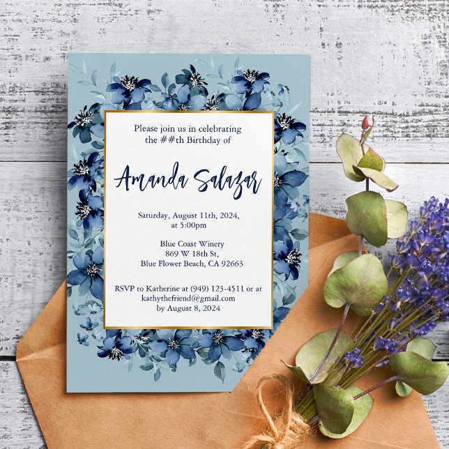 Modern Dark Blue Floral Birthday Party  Invitation (Creator Uploaded)