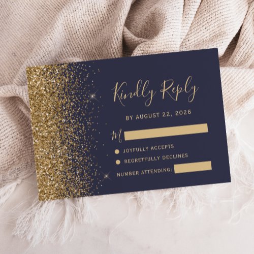 Modern Dark Blue Gold Faux Glitter Edge RSVP Card