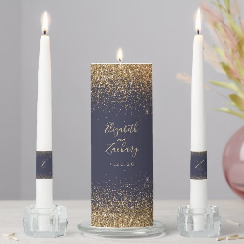 Modern Dark Blue Gold Faux Glitter Edge Unity Cand Unity Candle Set